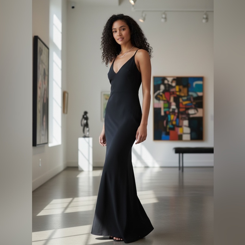 Lulu's Classic Black Infinite Glory Maxi Dress Sz M V front mermaid formal gown